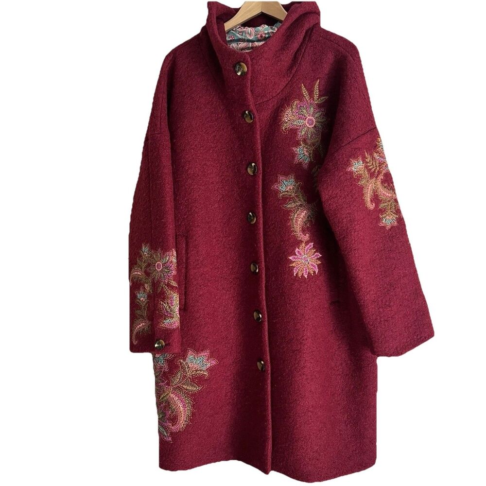 Sundance Blooming Bouclé Embroidered Wool Blend Hooded Coat Size XL Red